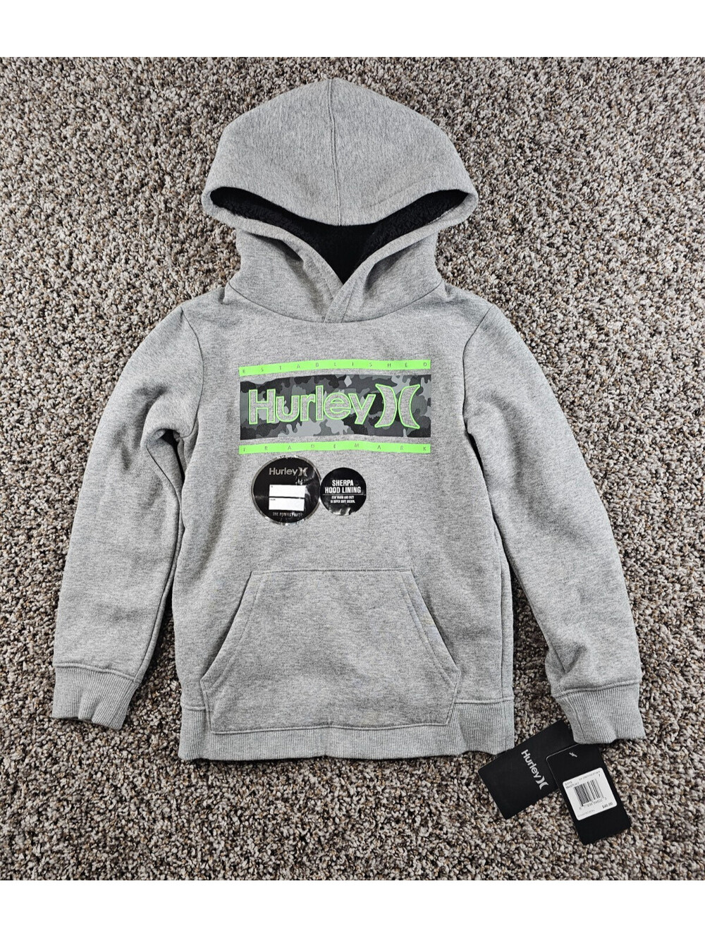 Hurley Boys Sz 7 Pullover Sherpa Lined Hoodie Gray Green Athletic NEW